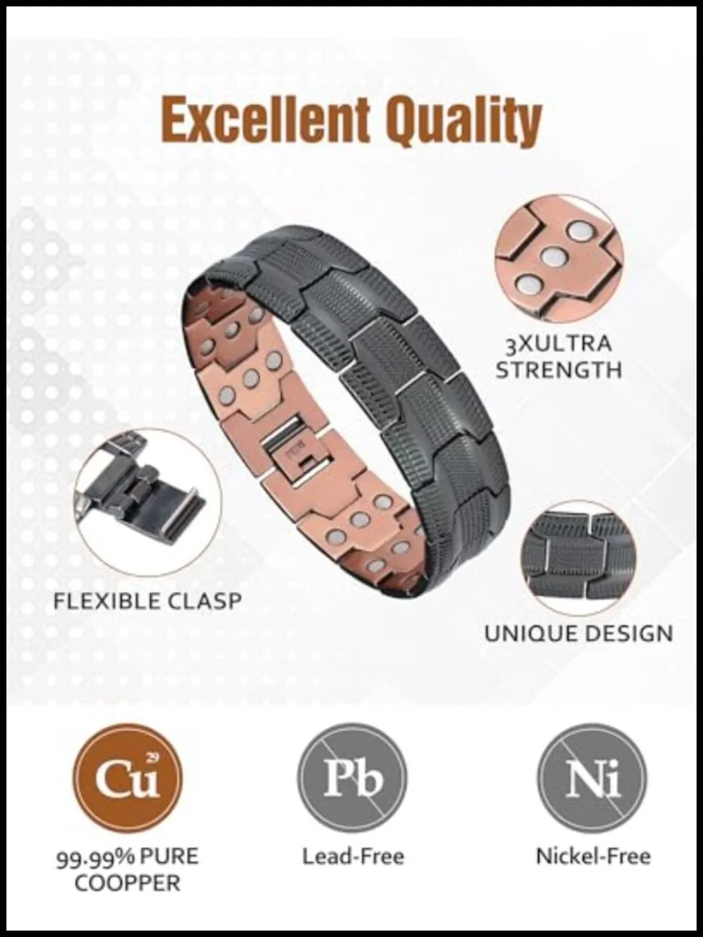 Pure Copper Magnetic Bracelet for Men with Adjustable Sizing Tool
